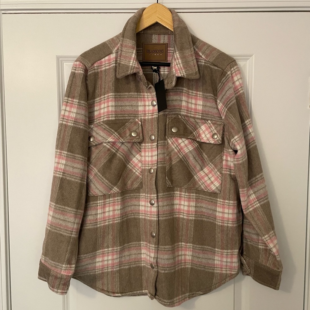 NWT Blank NYC Pink and Brown Plaid Oversized Shacket Jacket